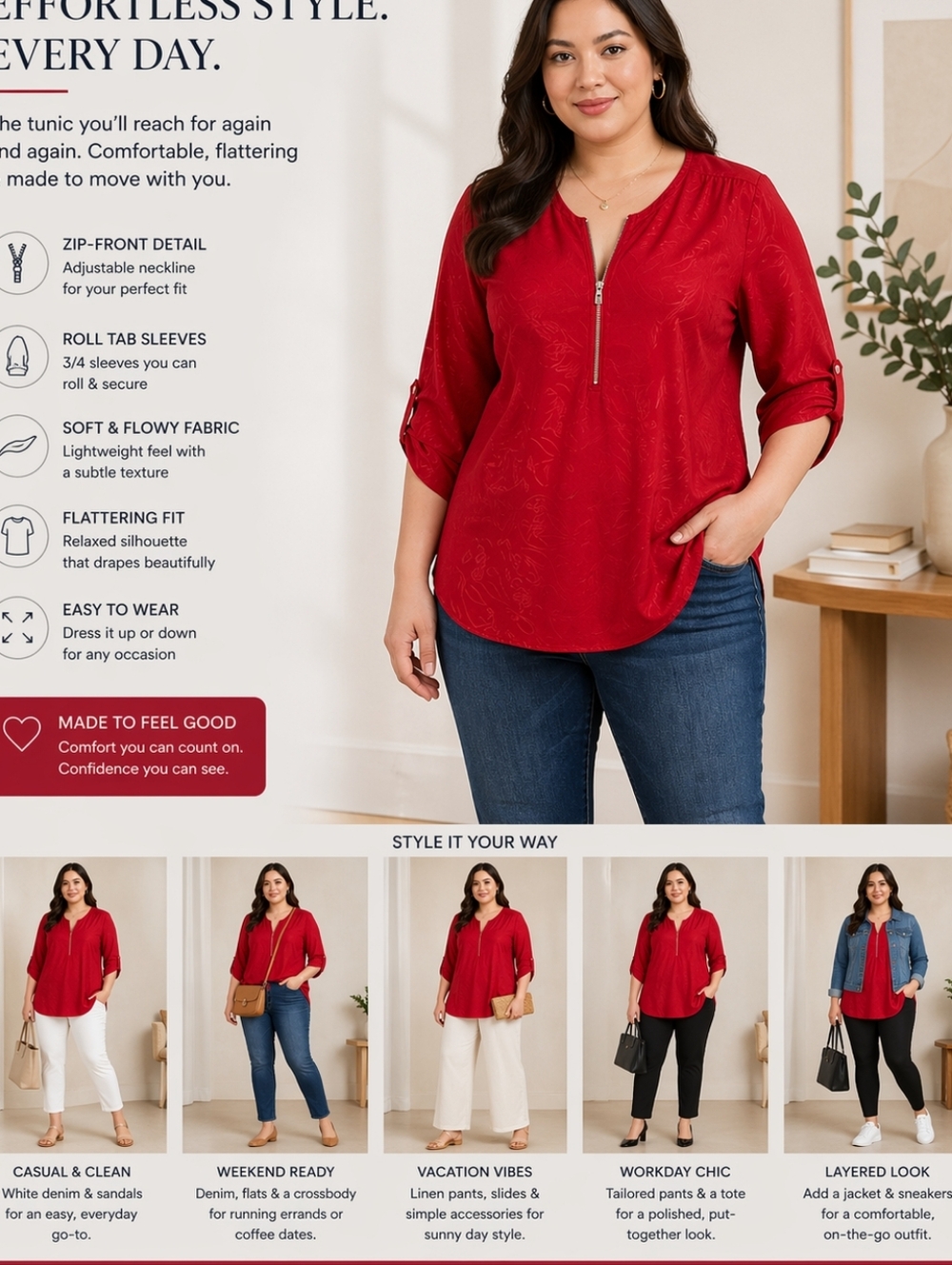 NY Collection Red Zip-Front 3/4 Sleeve Tunic Roll Tab Blouse Top Plus Size 22W